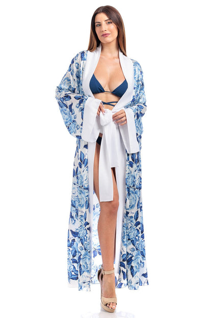 Blue Floral Pure Silk Fiori Robe in - Beach Collection by CAPRI LIFESTYLE