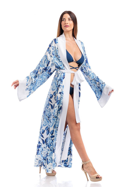 Blue Floral Pure Silk Fiori Robe in - Beach Collection by CAPRI LIFESTYLE