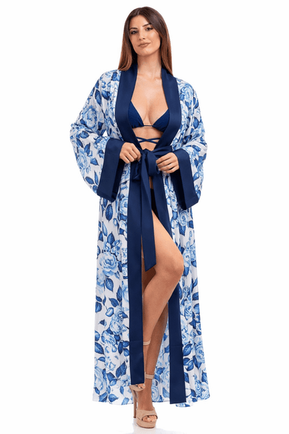 Blue Floral Pure Silk Fiori Robe - Beach Dress - by CAPRI LIFESTYLE