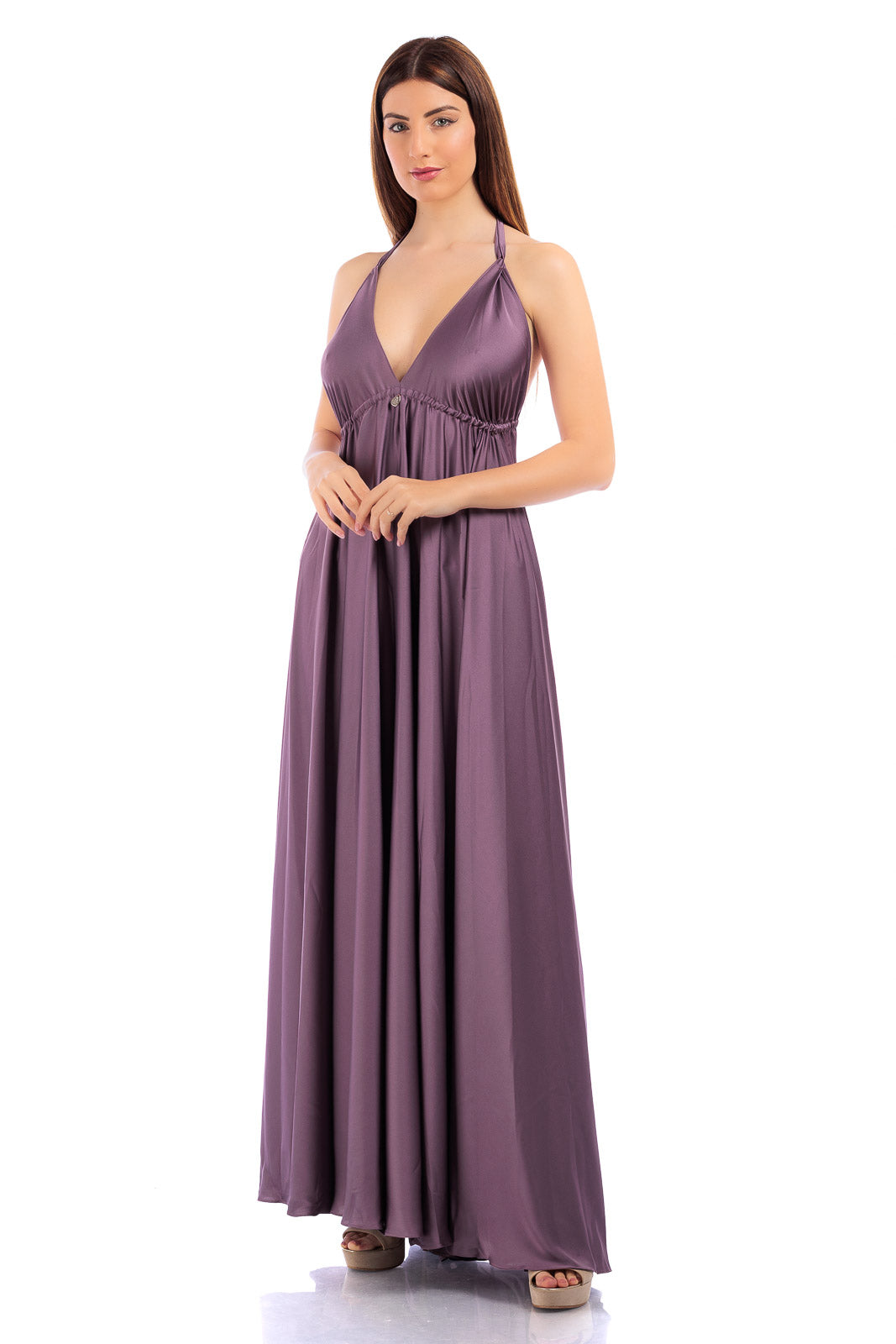 Plain V-neck Silk Dress