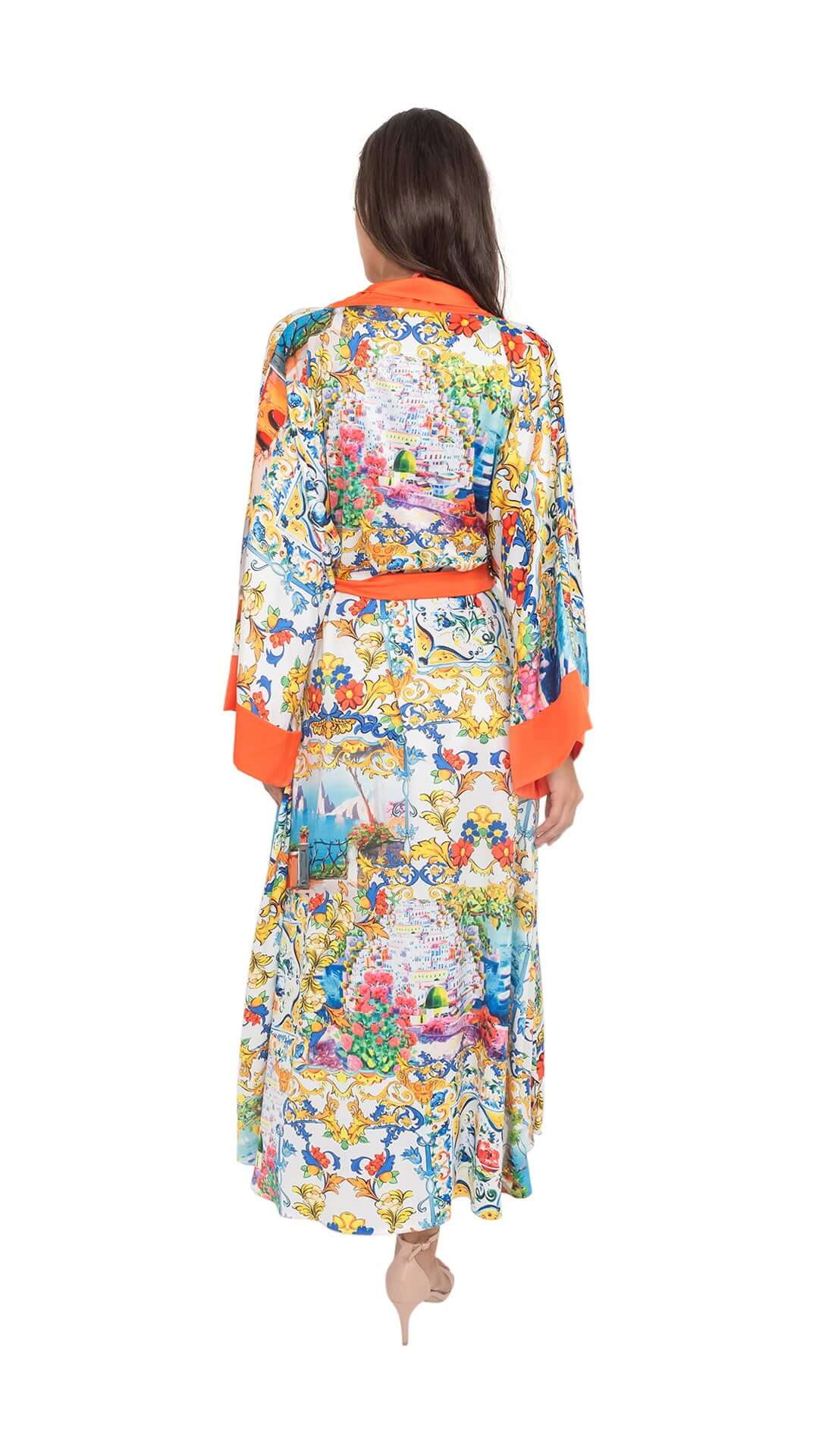 Back view of the CAPRI Long Robe with belt, featuring vibrant colors and a stylish design, made from soft satin fabric.