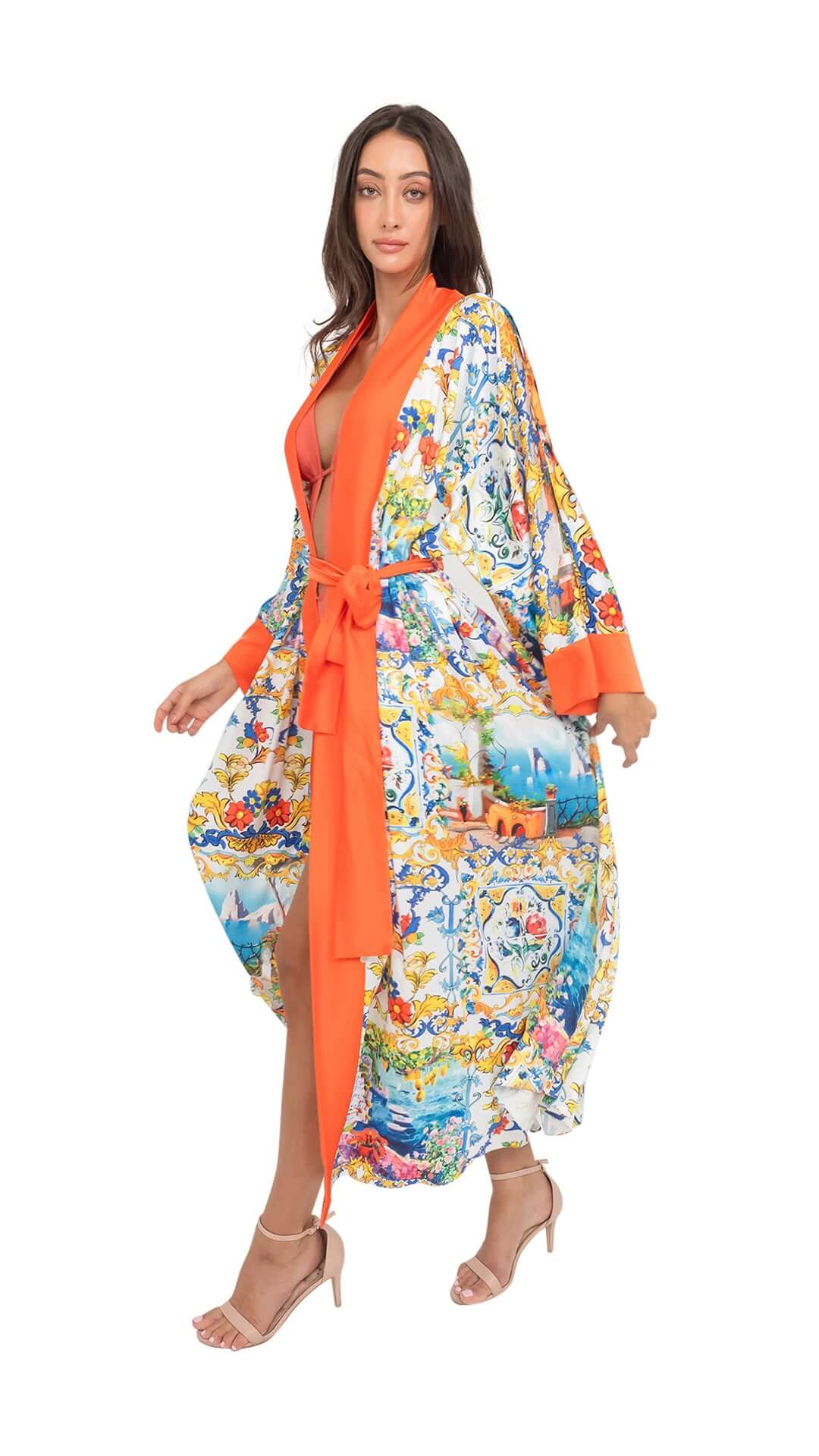 Stylish Capri Long Robe with colorful print and orange belt, perfect for a chic, relaxed look. Made from soft satin.