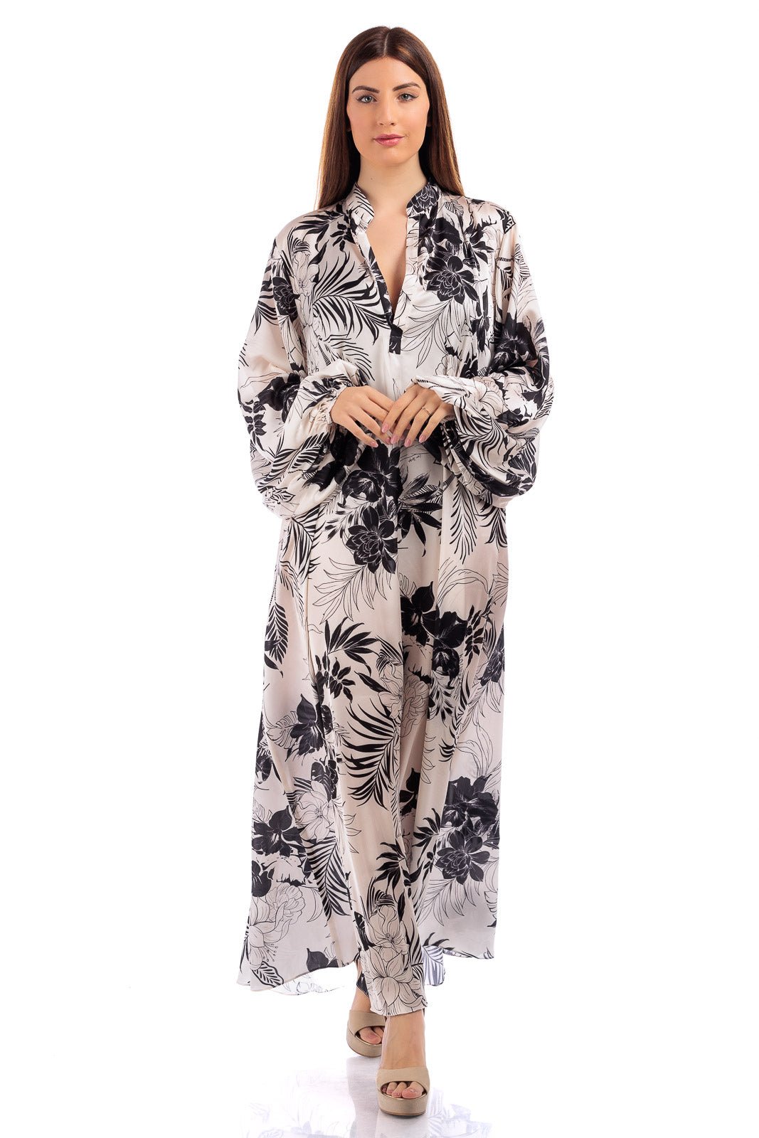 CASSIA Long Silk Kaftan with Mandarin Collar