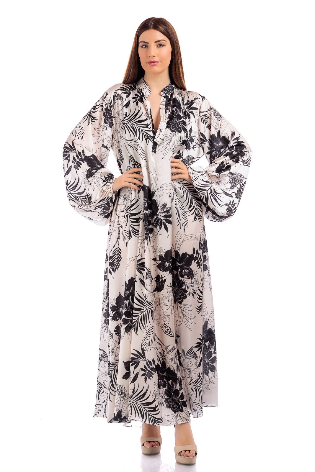 CASSIA Long Silk Kaftan with Mandarin Collar