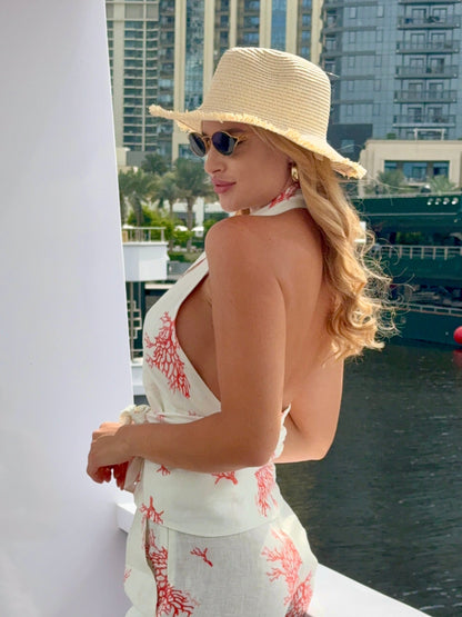 Coral Branch Print Color - women linen short - by CAPRI LIFESTYLE