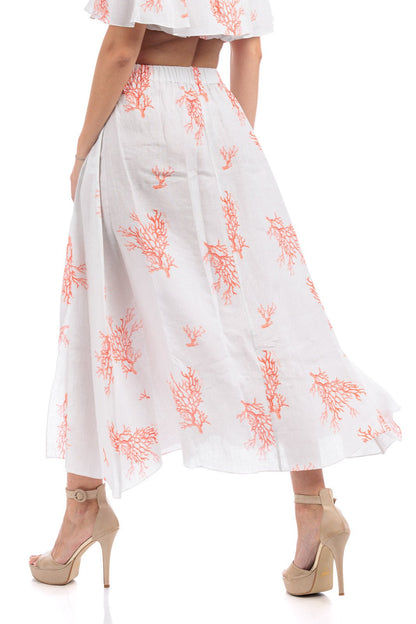 Coral Branch Print Linen Long Skirt - by CAPRI LIFESTYLE
