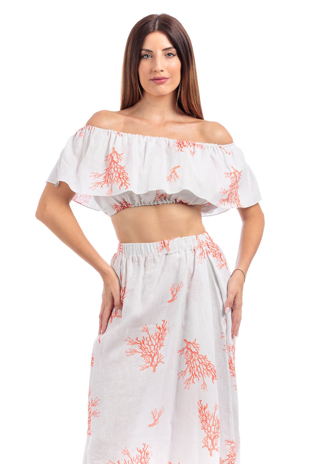 Coral Branch Print Linen Long Skirt - by CAPRI LIFESTYLE