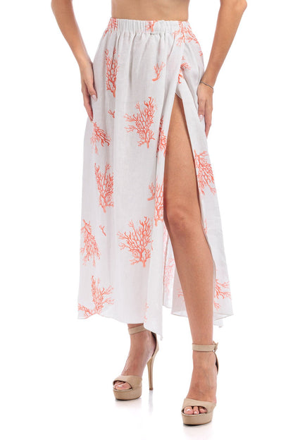 Coral Branch Print Linen Long Skirt - by CAPRI LIFESTYLE
