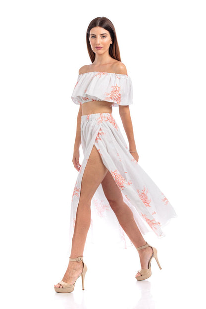 Coral Branch Print Linen Long Skirt - by CAPRI LIFESTYLE