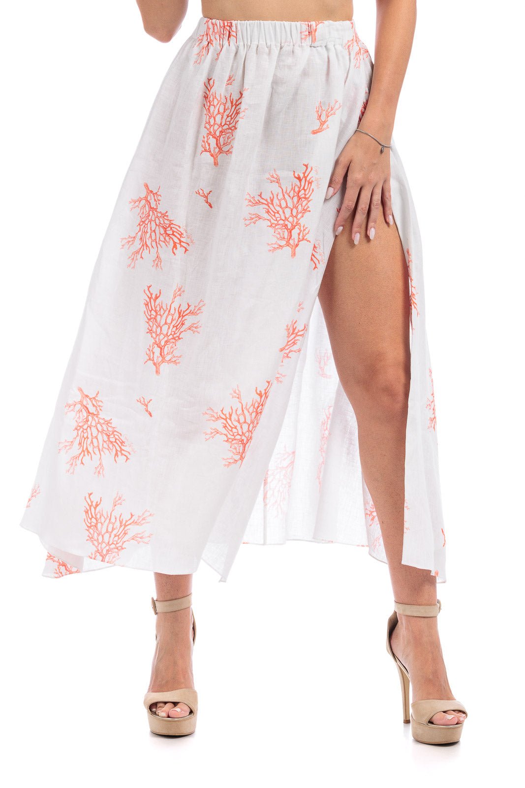 Coral Branch Print Linen Long Skirt - by CAPRI LIFESTYLE
