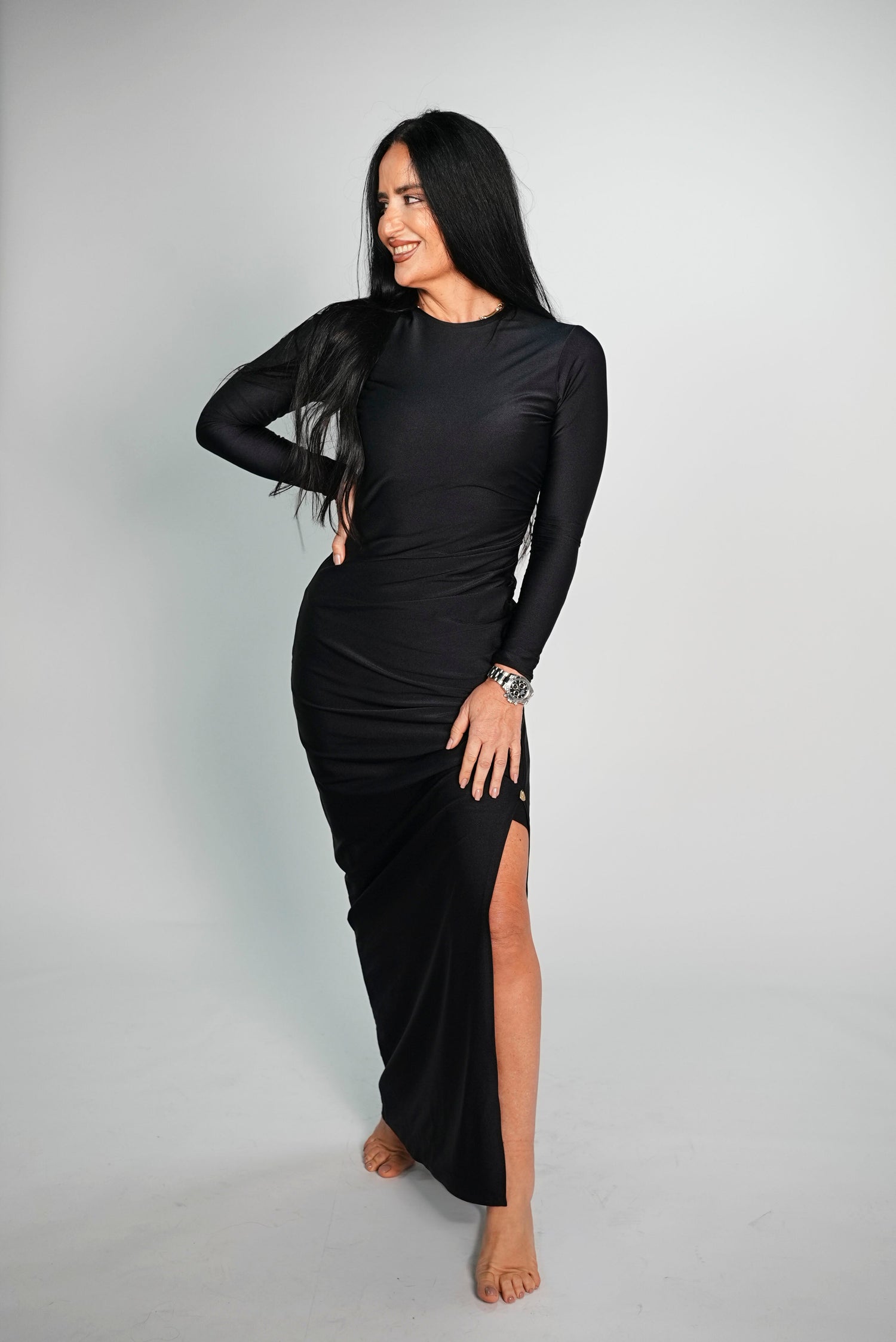 Elegant Long - Sleeve Ruched Maxi Dress with Side Slit - Beach Dress - by CAPRI LIFESTYLE