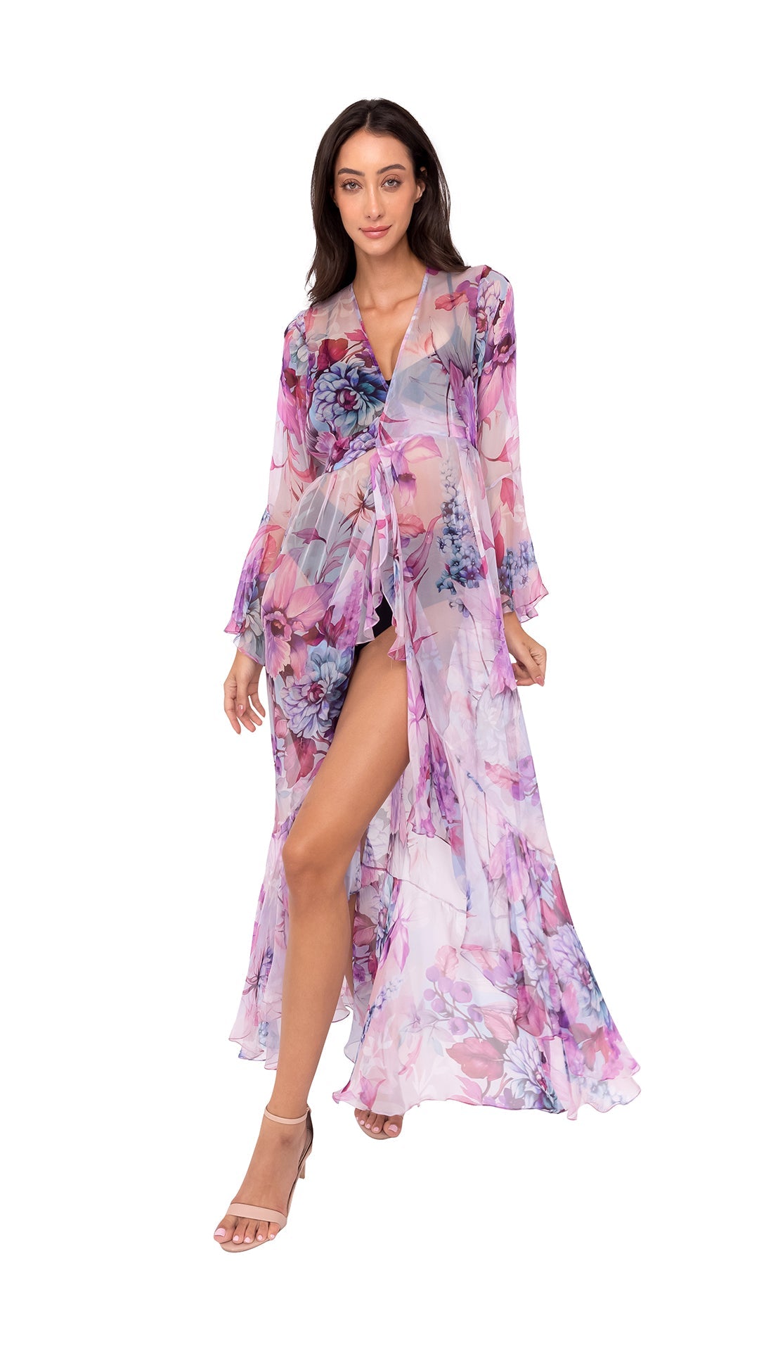 Flower Long Chiffon Robe with Long Sleeves