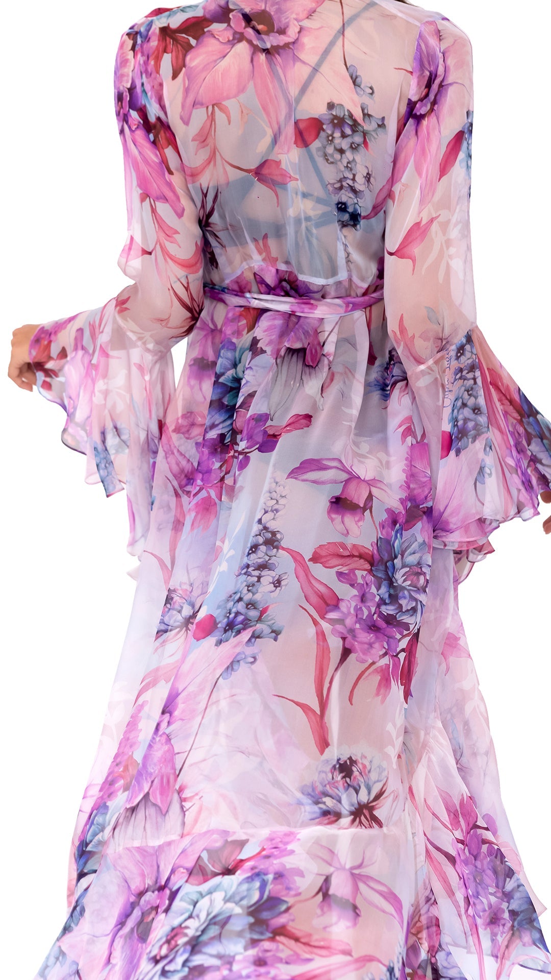Purple Flower Long Chiffon Coverup with Long Sleeves