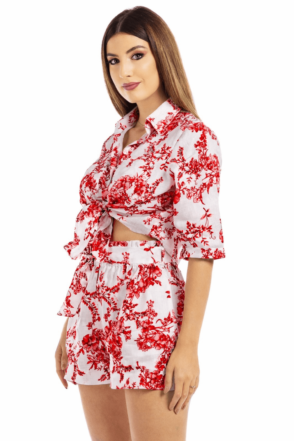 Flowery Linen Belted Cinched Short - by CAPRI LIFESTYLE