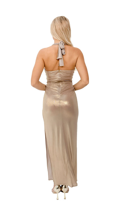 Gold V-Neck Long Dress with Gathered Waist