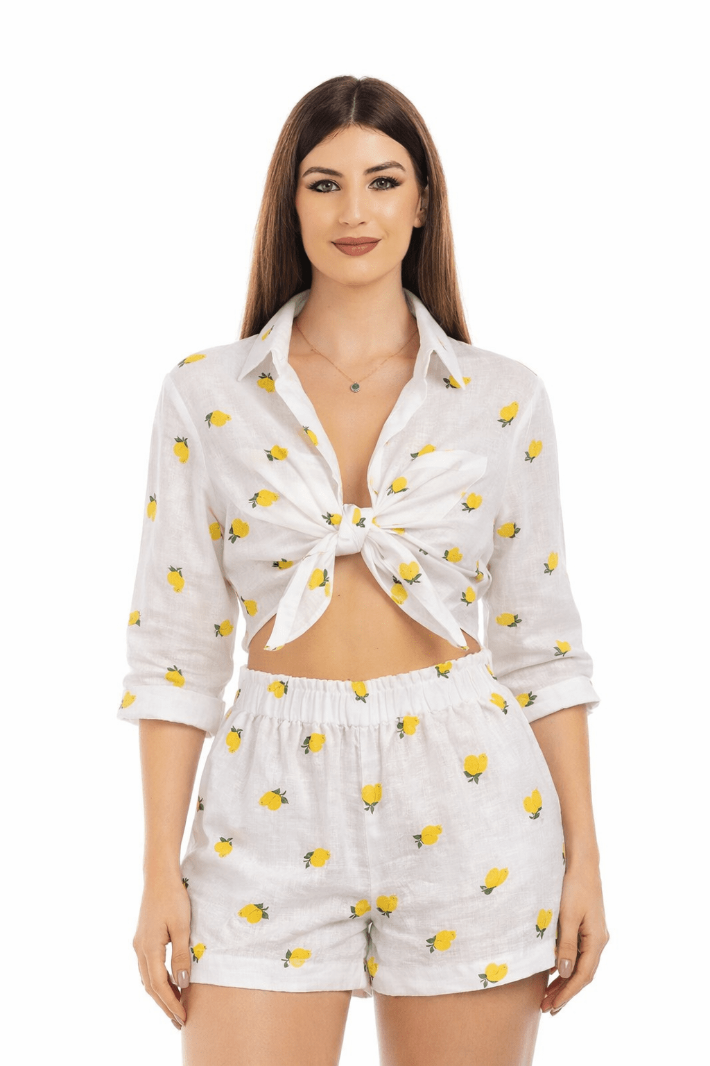 Lemon Embroider Linen Crop Blouse - by CAPRI LIFESTYLE