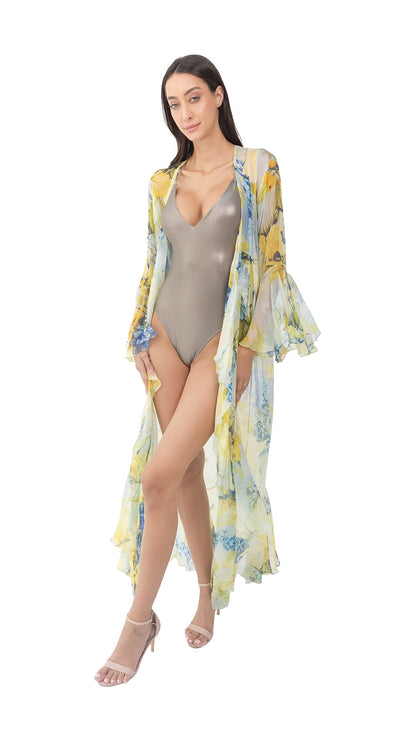 Lime Green Flower Long Chiffon Robe with Long Sleeves