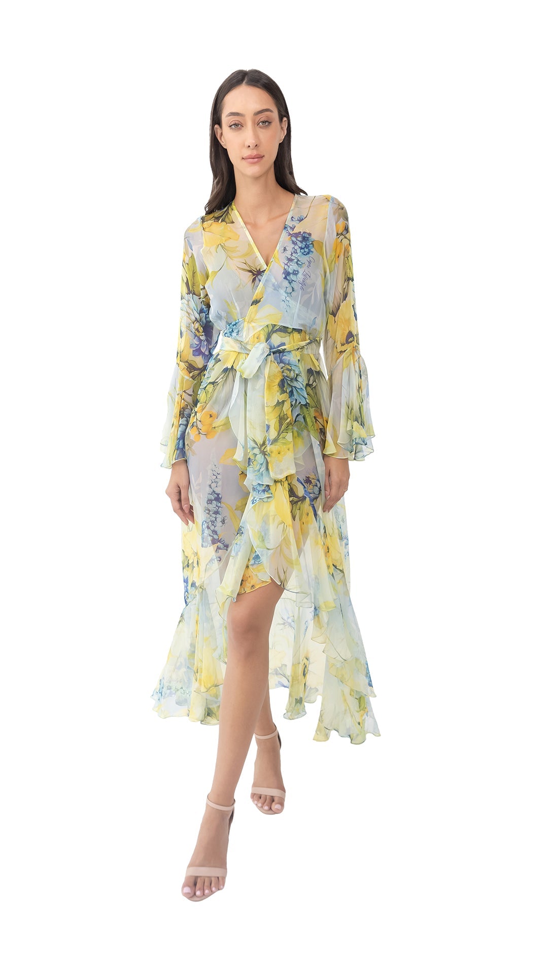 Lime Green Flower Long Chiffon Robe with Long Sleeves