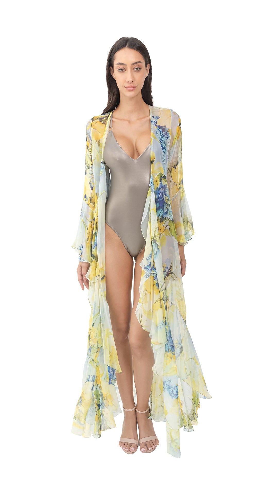 Lime Green Flower Long Chiffon Robe with Long Sleeves