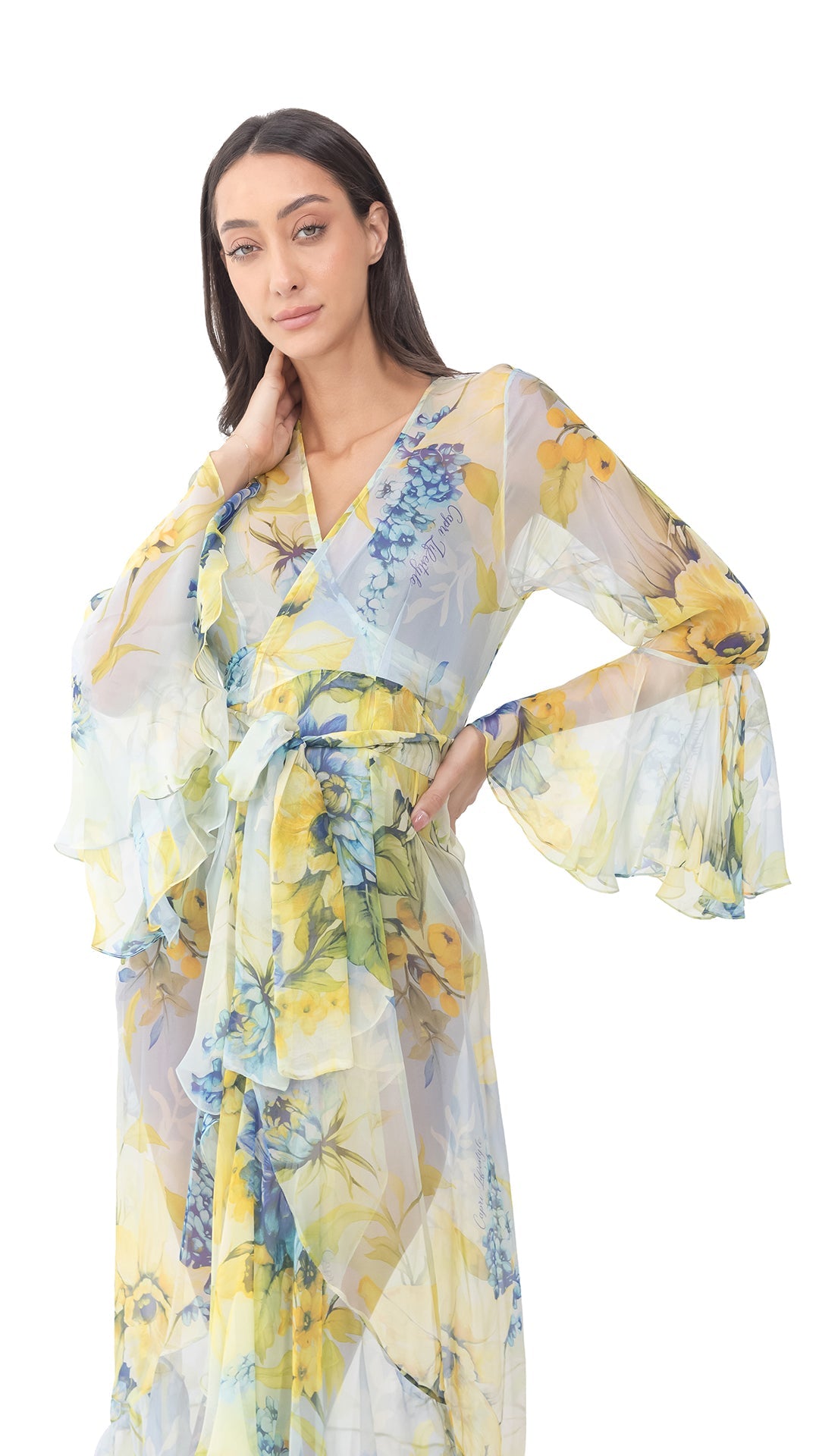 Lime Green Flower Long Chiffon Robe with Long Sleeves