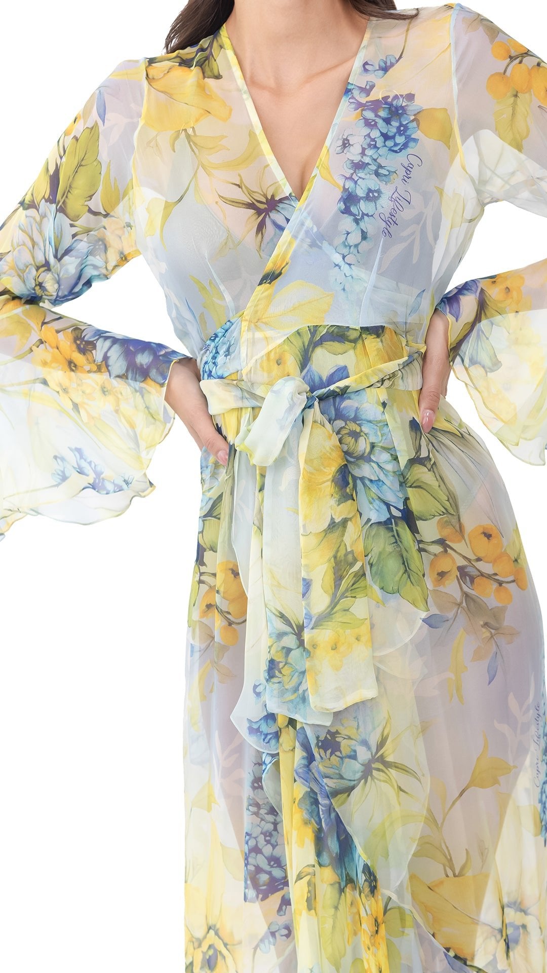 Lime Green Flower Long Chiffon Robe with Long Sleeves