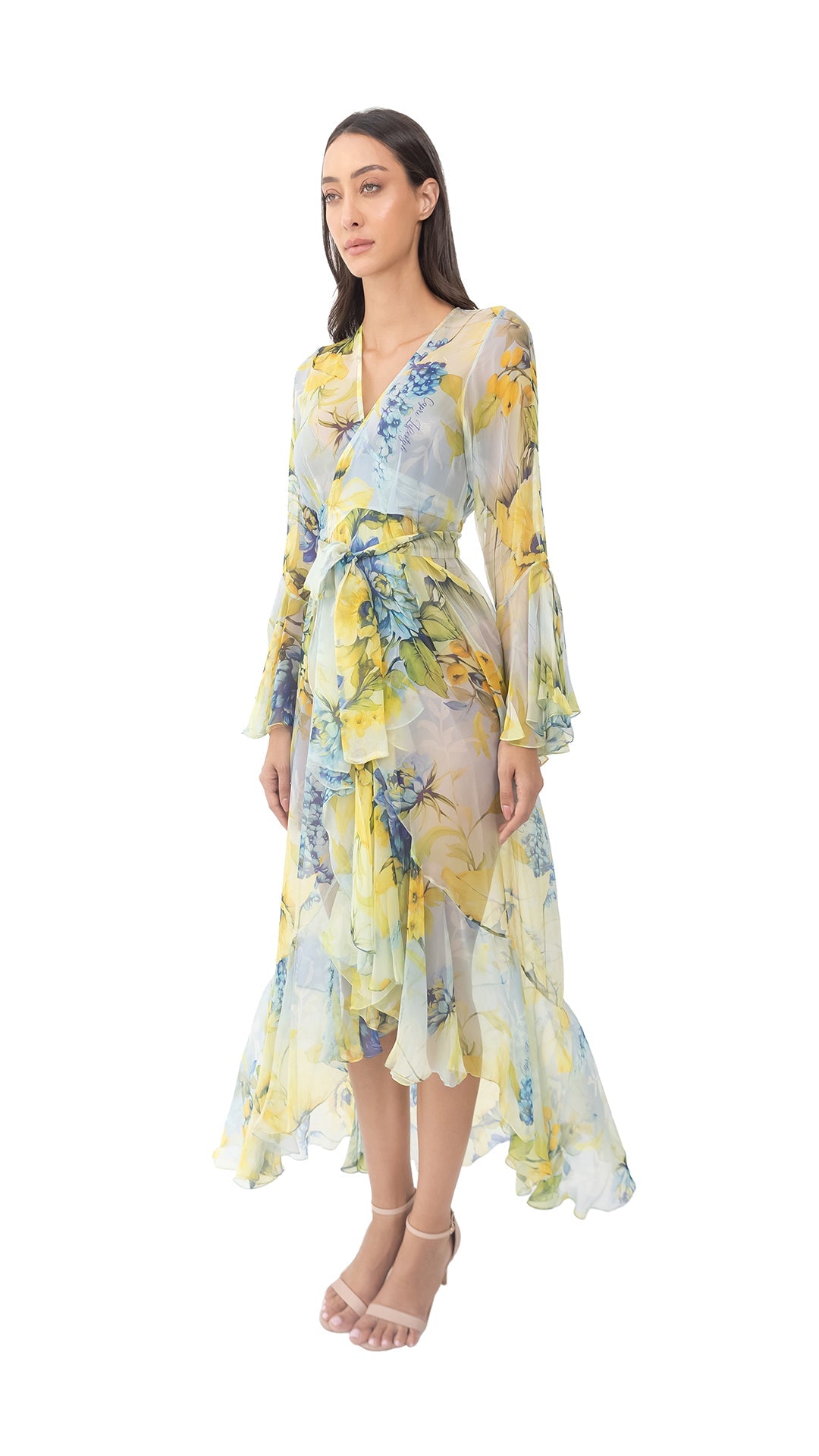 Lime Green Flower Long Chiffon Robe with Long Sleeves