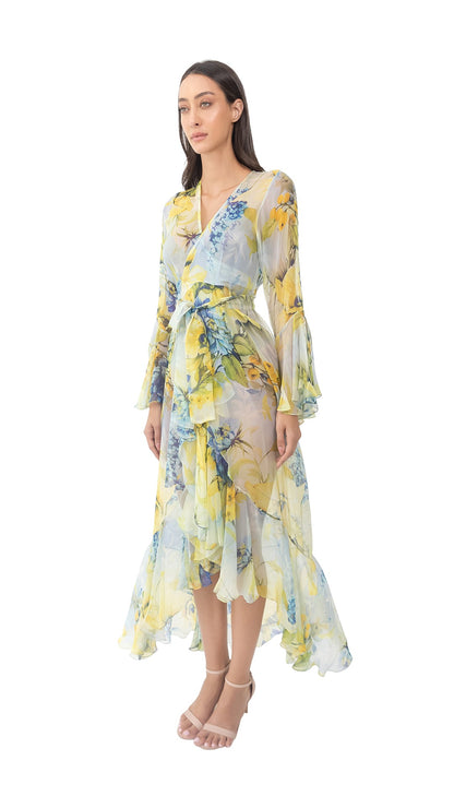 Lime Green Flower Long Chiffon Robe with Long Sleeves