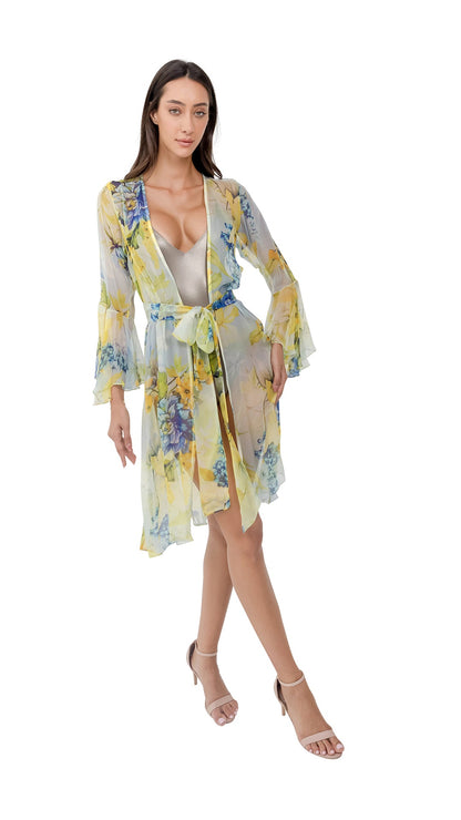 Lime Green Flower Short Chiffon Robe with Long Sleeves by CAPRI LIFESTYLE