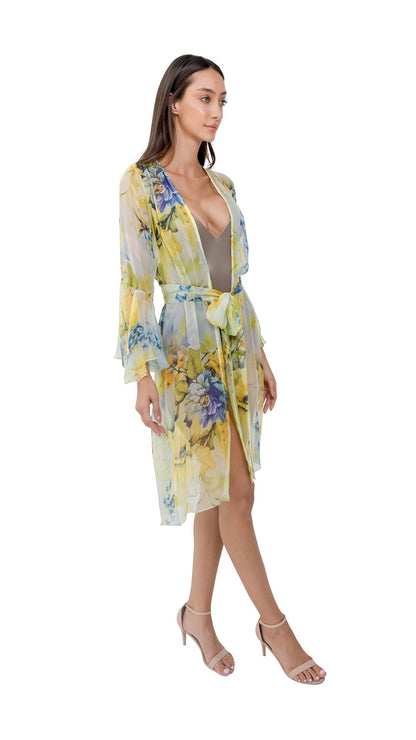Lime Green Flower Short Chiffon Robe with Long Sleeves by CAPRI LIFESTYLE