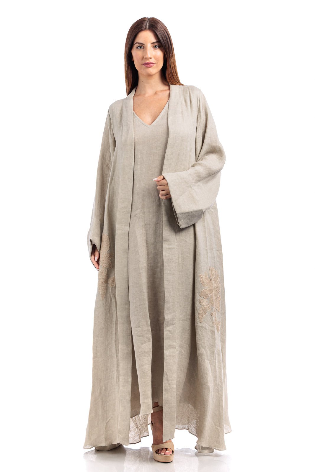 Linen Abaya With Flower Embroidery Details - by CAPRI LIFESTYLE