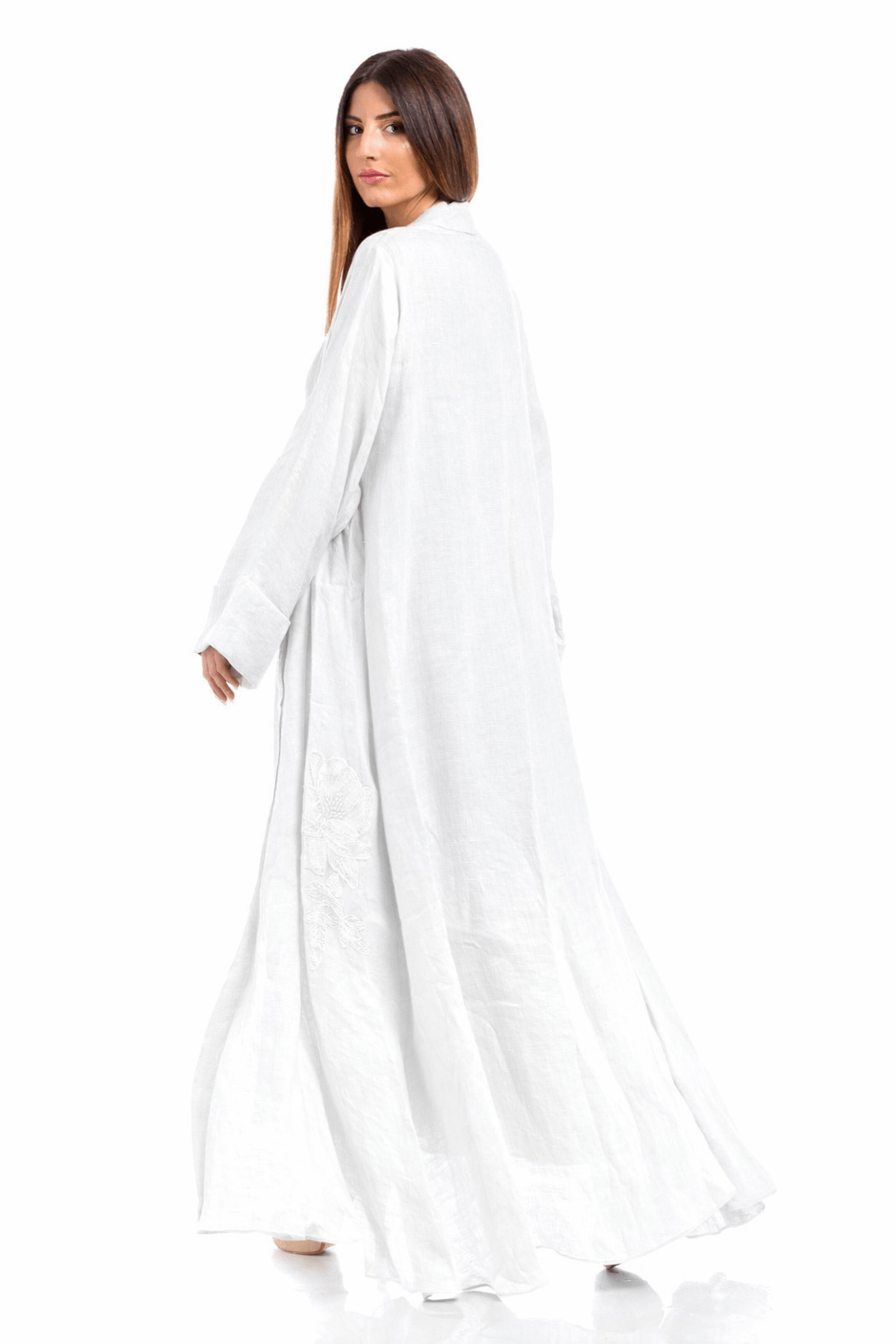 Linen Abaya With Flower Embroidery Details - by CAPRI LIFESTYLE