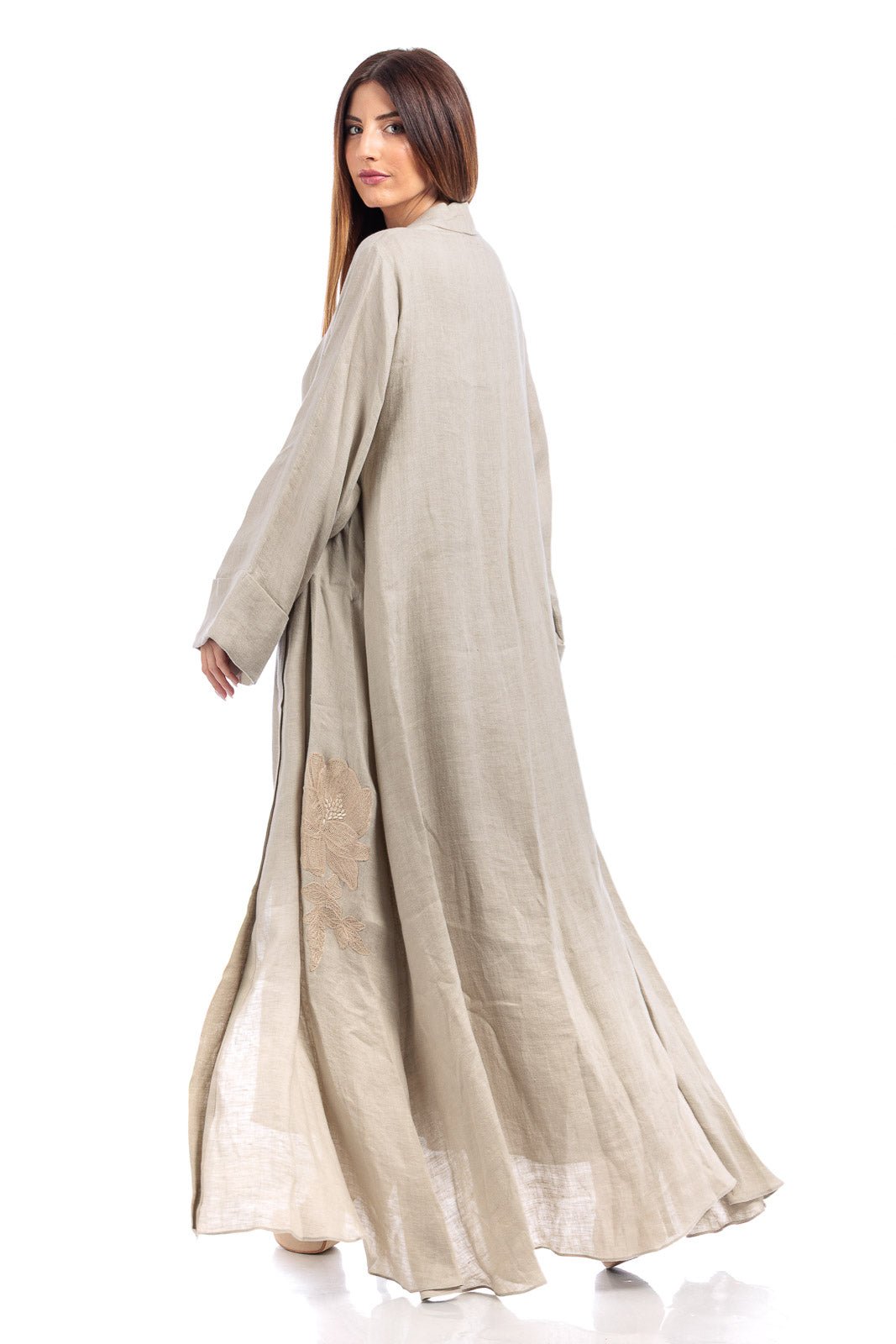 Linen Abaya With Flower Embroidery Details - by CAPRI LIFESTYLE