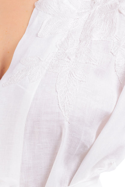 Linen Kimono Style Short Robe (with Flower Applique)