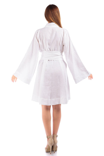 Linen Kimono Style Short Robe (with Flower Applique)