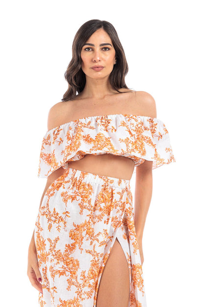 Linen Off-Shoulder Crop - Orange