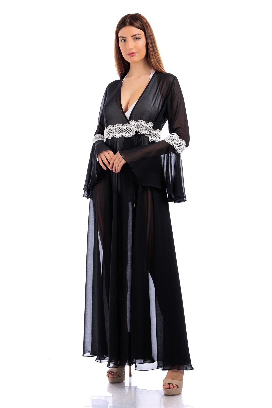 Long Plain Chiffon Robe Cover Up  (with lace finish)