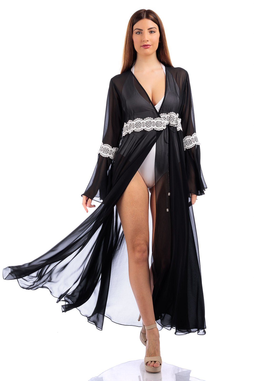 Long Plain Chiffon Robe Cover Up  (with lace finish)