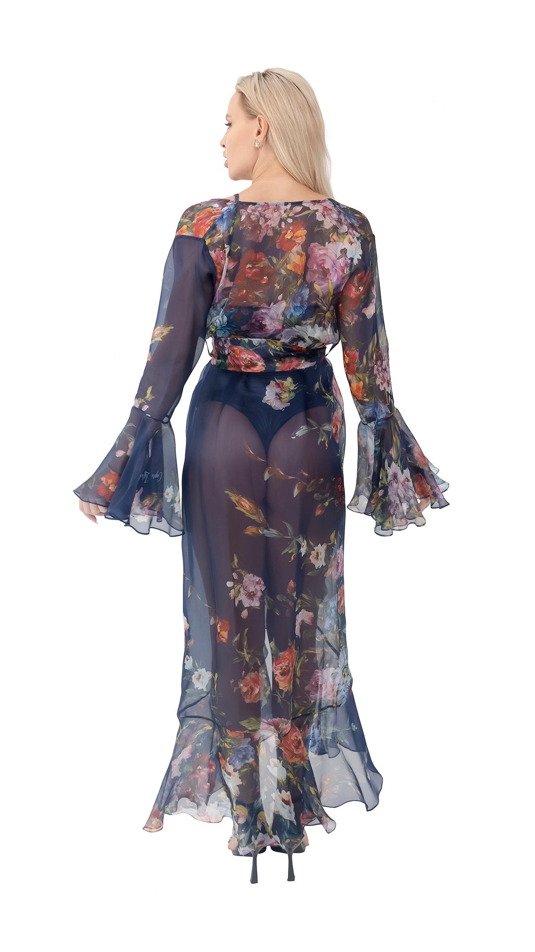 Navy Flower Organza Long Robe with Long  Sleeves