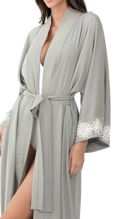 Olive Green Crepe Kimono Robe with Flower Details - Beach Collection - Dresses - by CAPRI LIFESTYLE