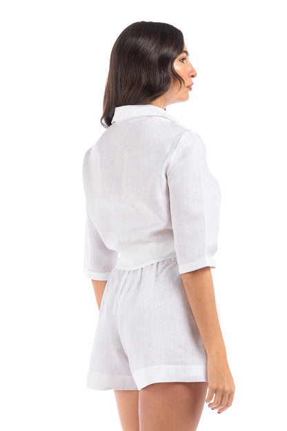 Plain Linen Tie Front Crop Blouse