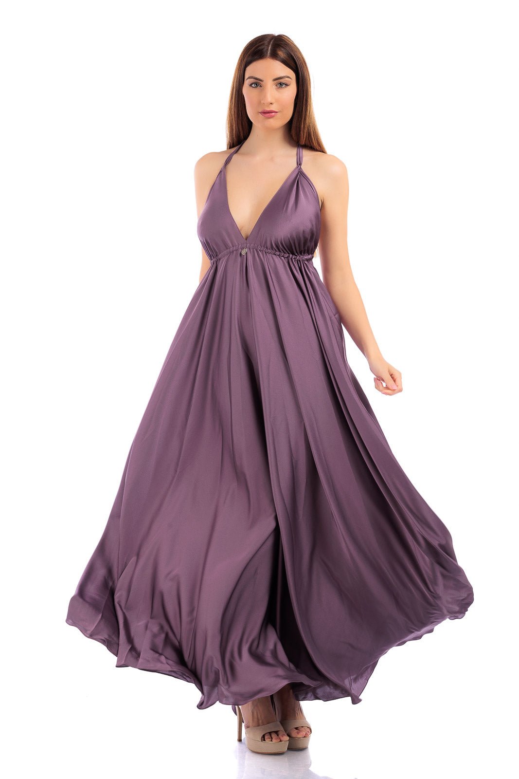 Plain V-neck Silk Dress