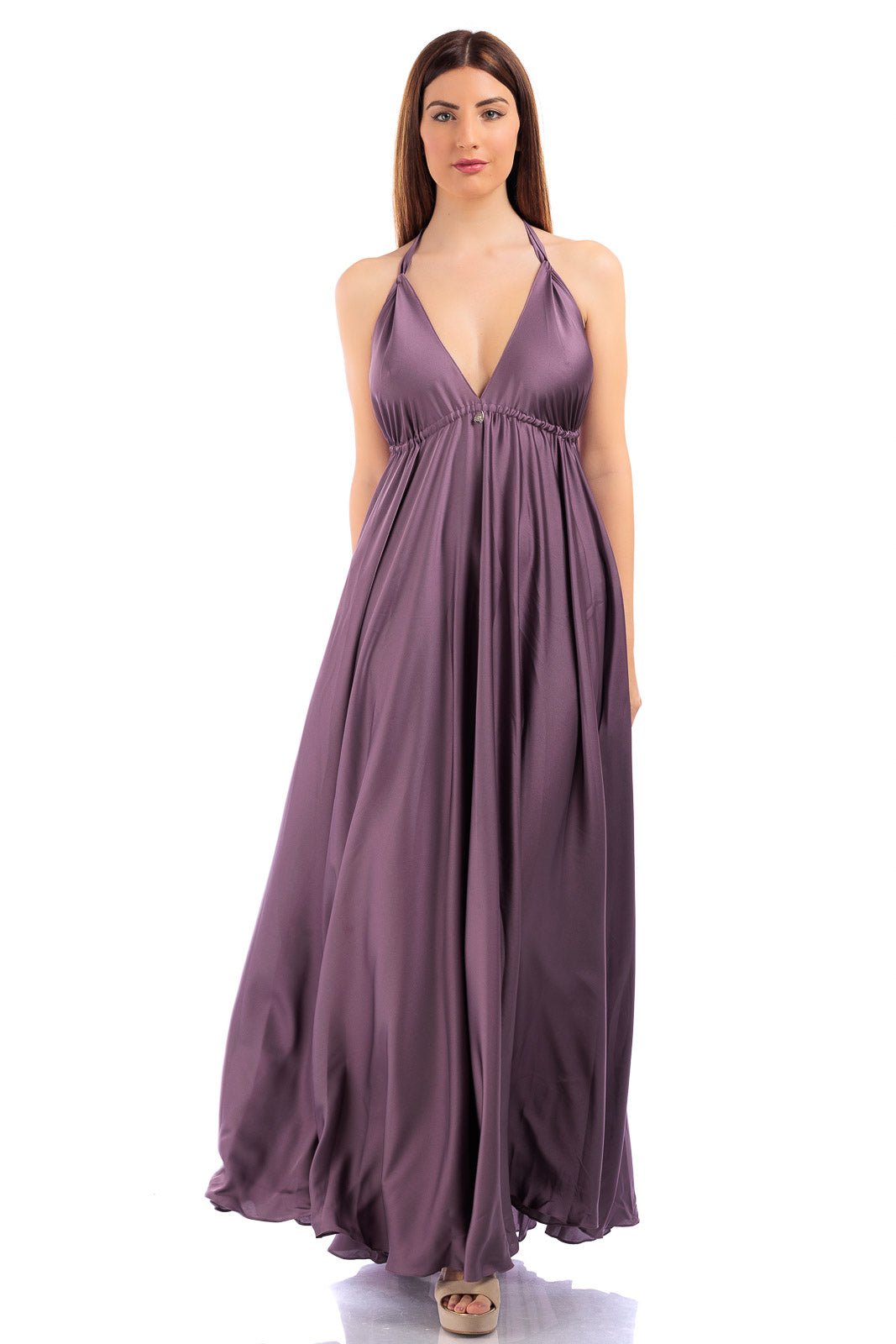 Plain V-neck Silk Dress