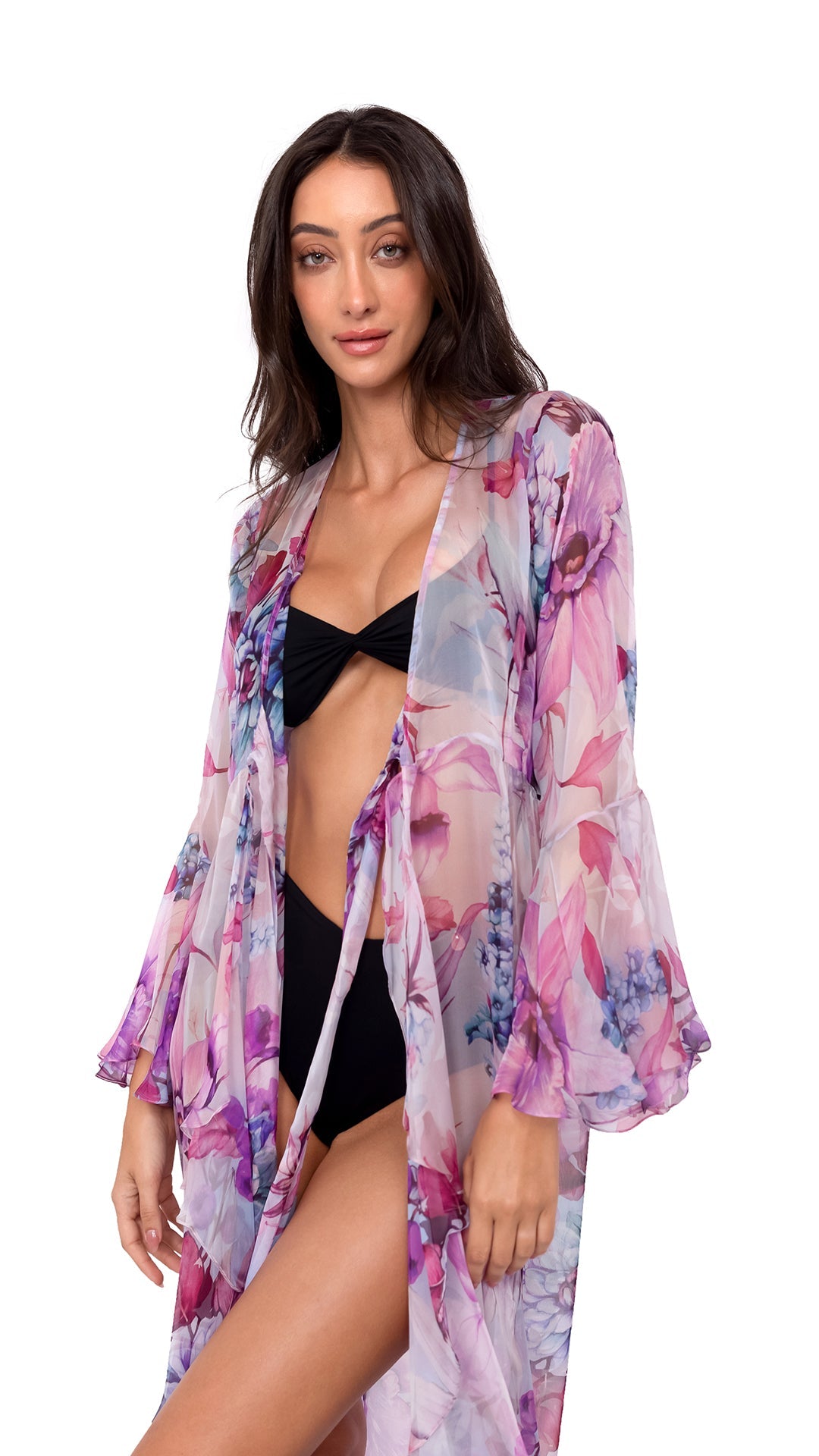Purple Flower Long Chiffon Coverup with Long Sleeves