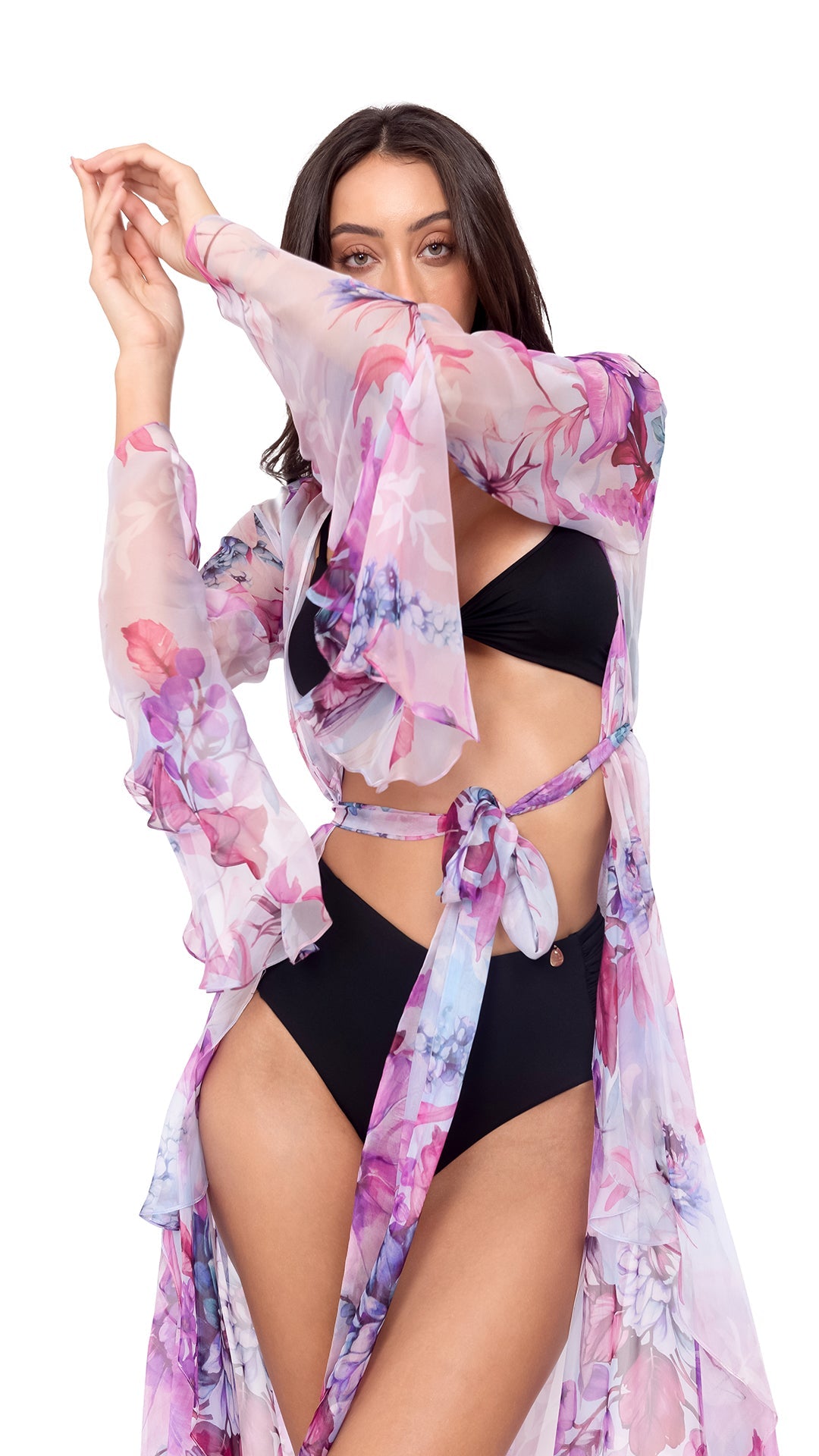 Purple Flower Long Chiffon Coverup with Long Sleeves
