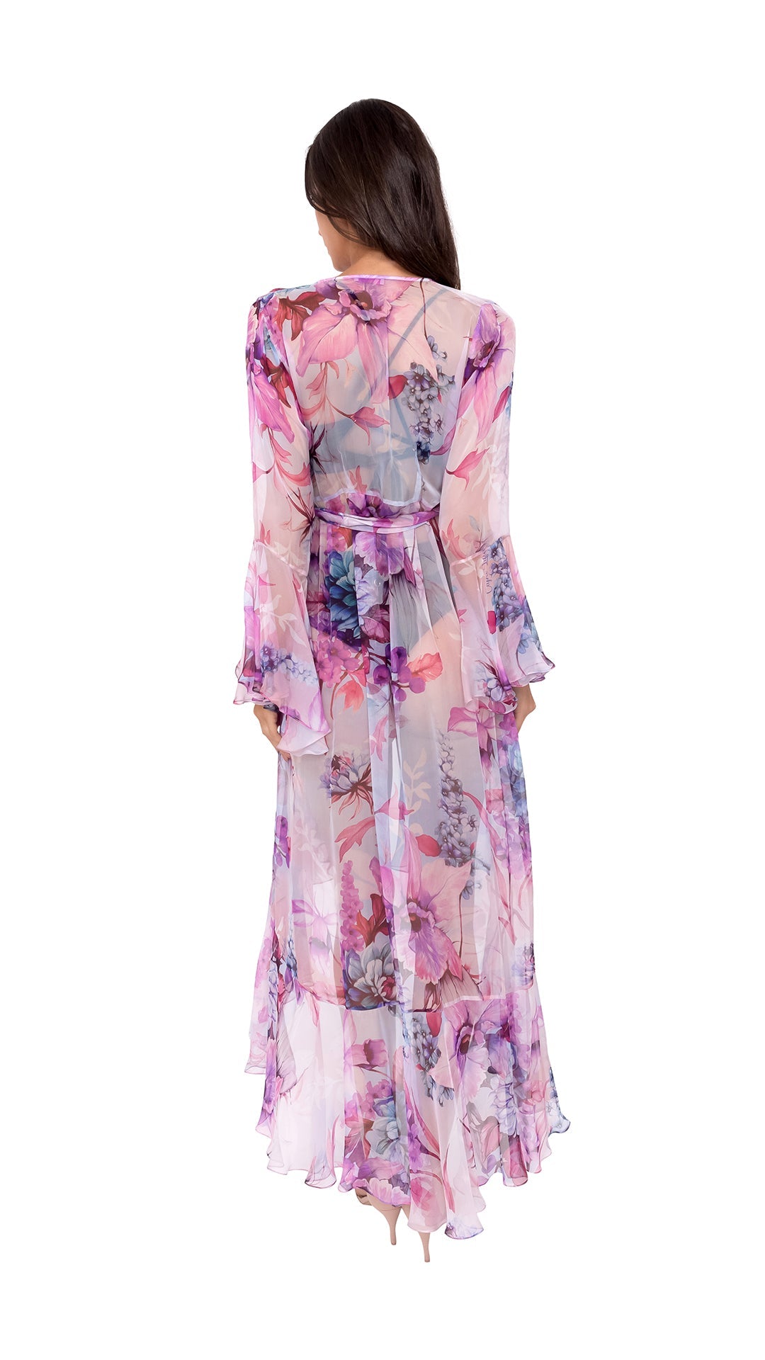 Purple Flower Long Chiffon Coverup with Long Sleeves