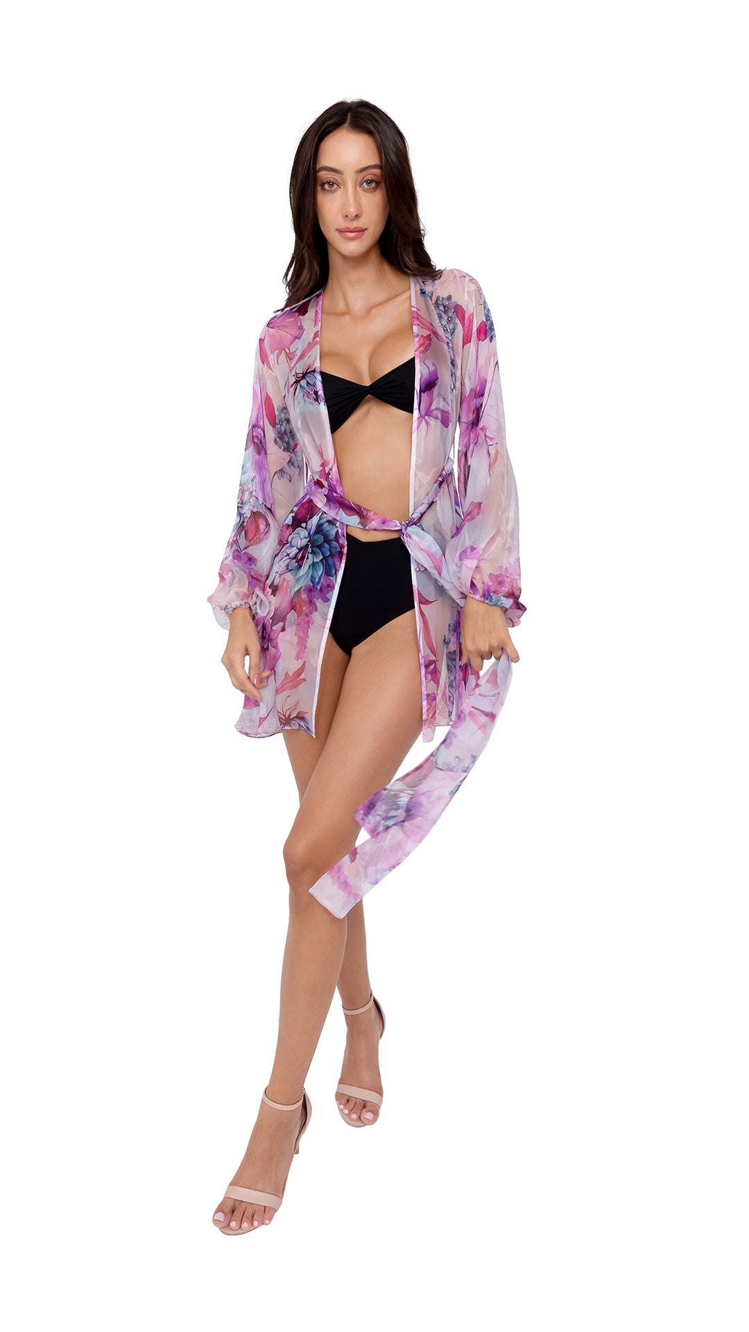 Purple Flower Short Chiffon Robe with Long Sleeves