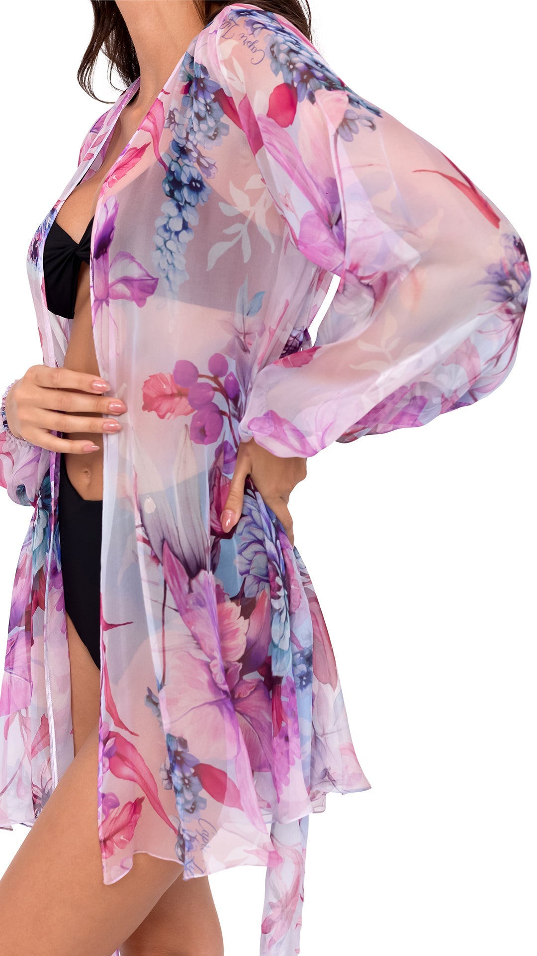 Purple Flower Short Chiffon Robe with Long Sleeves