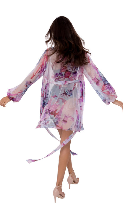 Purple Flower Short Chiffon Robe with Long Sleeves