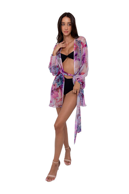Purple Flower Short Chiffon Robe with Long Sleeves