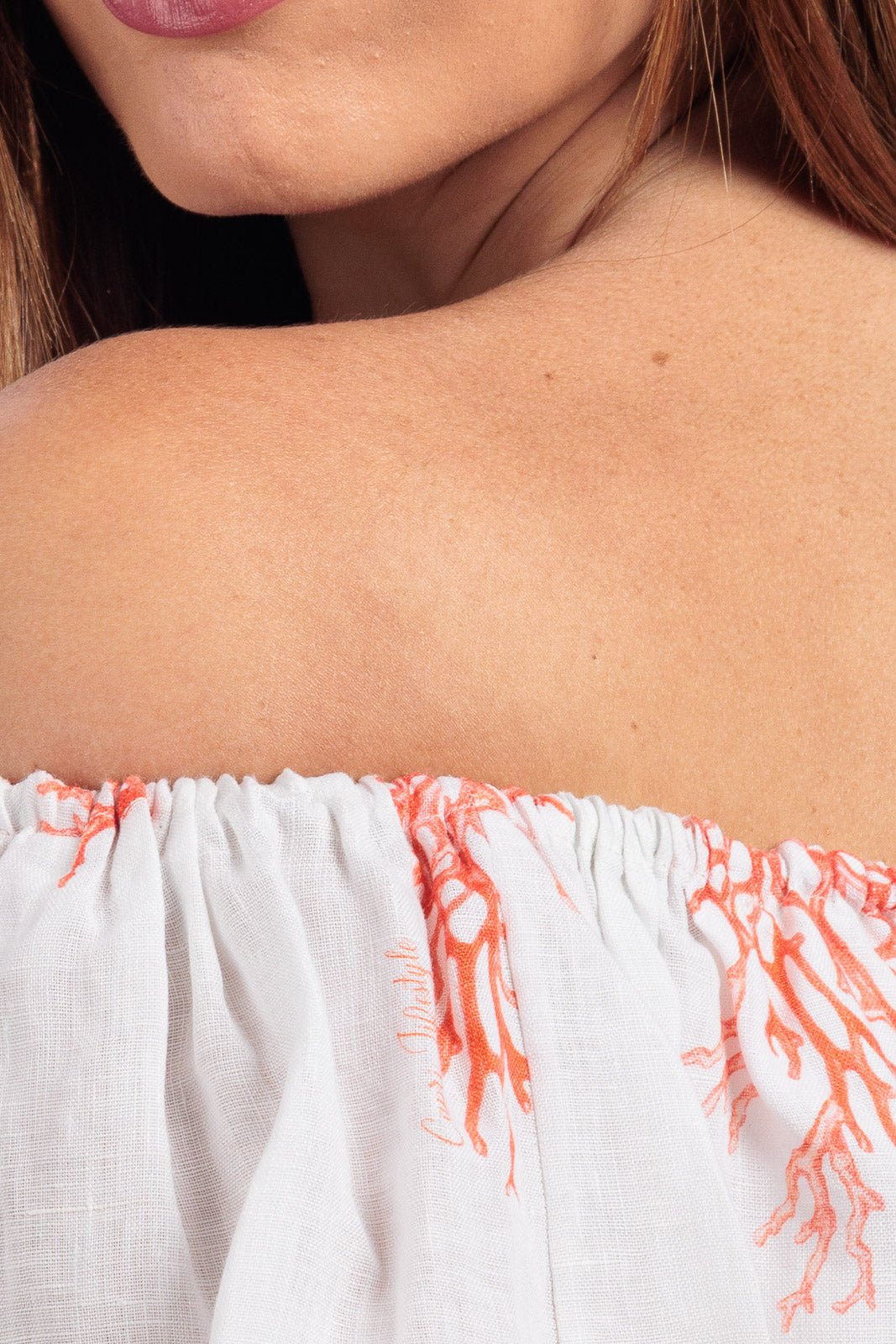 Sofia - Coral Branch Linen Off Shoulder Crop Top - Women&